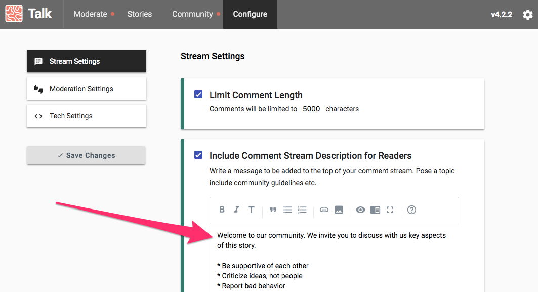 [IMAGE] A screenshot of the Configure options in Talk, with a pink arrow pointing to the place where Comment Stream Description can be added