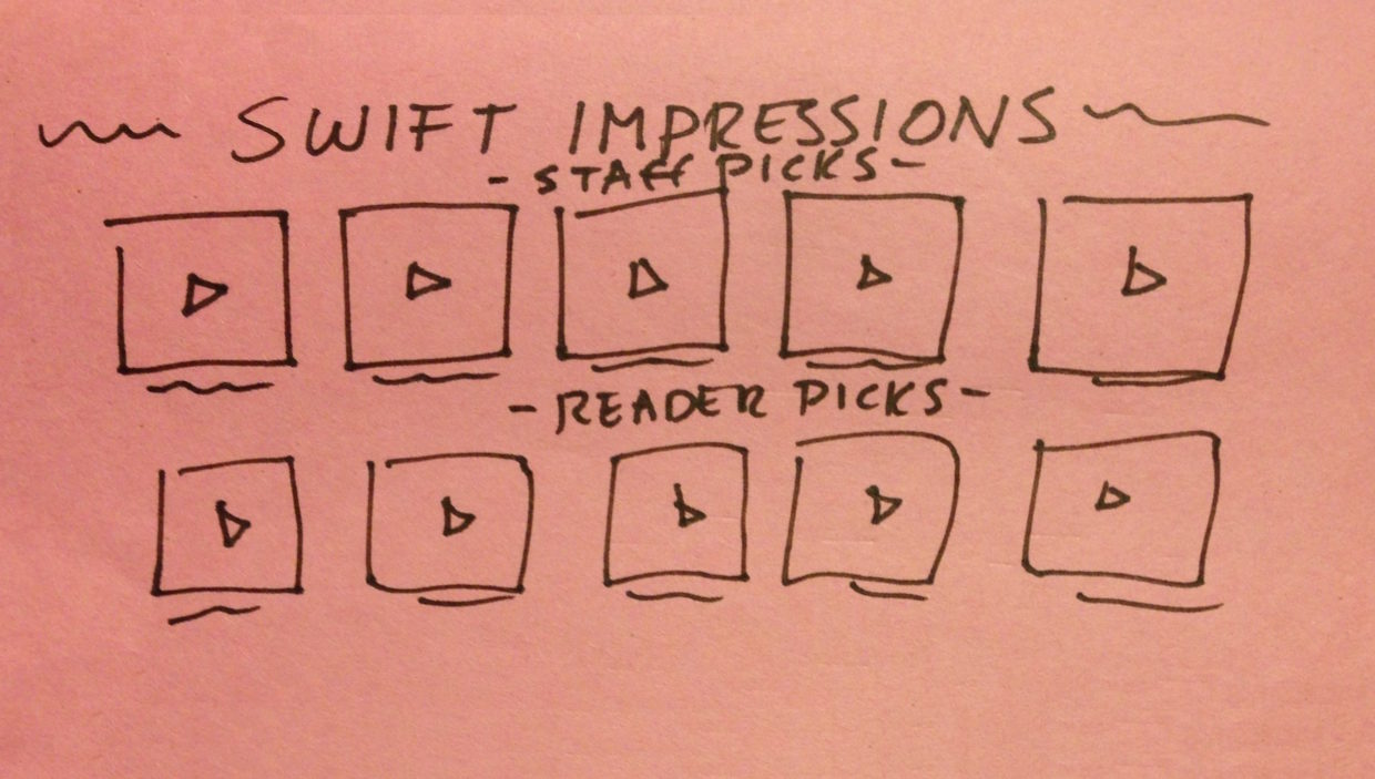 Depicted here is a pen-drawn mockup for Swift Impressions: a theoretical contest for users to submit videos of their best Taylor Swift impressions.