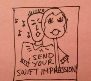 This image depicts a drawing of a prompt for a Taylor Swift soundalike contest. The drawing shows a generic person singing with a Taylor Swift mask held in front of their face. 