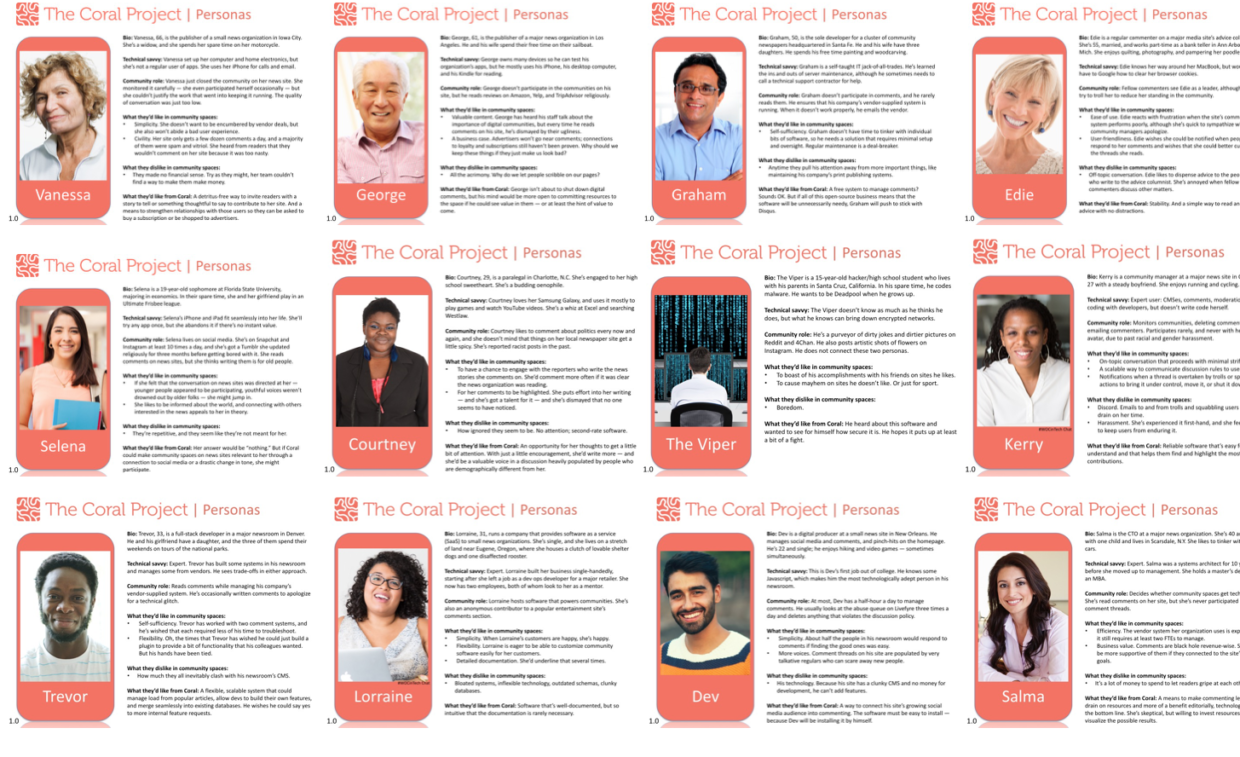 [IMAGE] A grid of 12 images and accompanying text. The images are all of people, of varying ages and races. The texts are barely readable, and contain small biographical information and detail about each person's job and needs related to the work of The Coral Project.