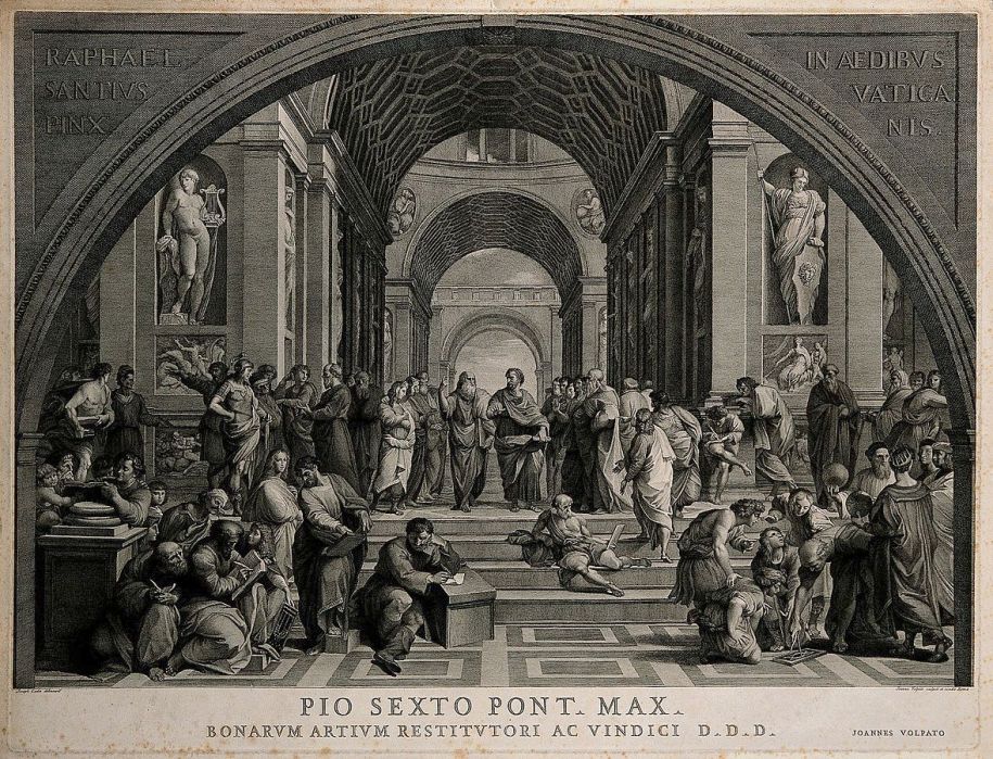 [IMAGE} A printing of a Renaissance engraving of the School of Athens. A group of men stand ,sit and lounge in a large room in Classical Greek dress.