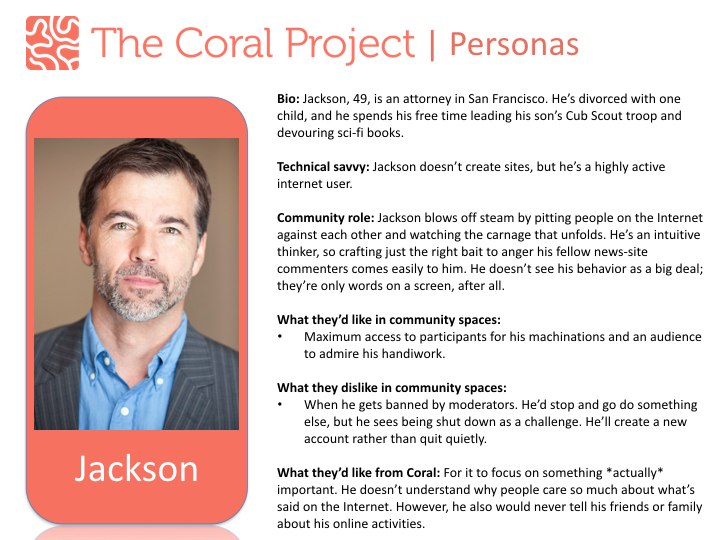 [IMAGE] A card representing a user persona called Jackson who enjoys baiting commenters into arguments