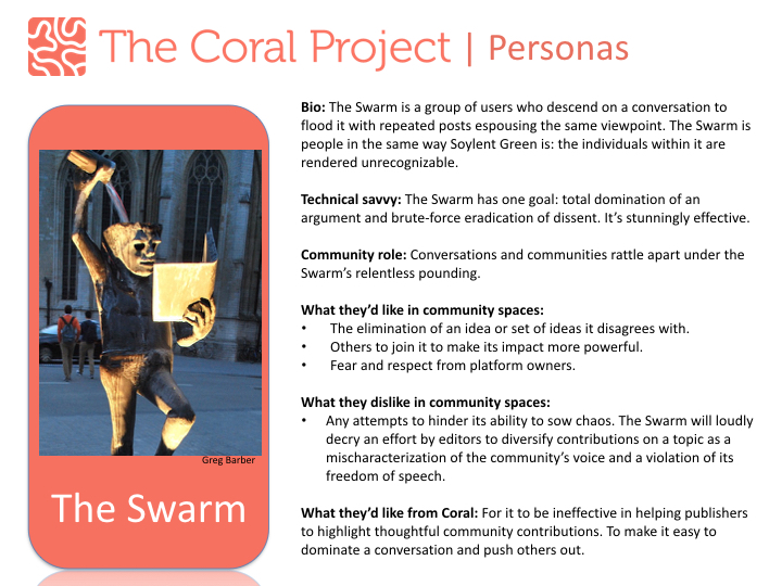 [IMAGE] Card containing a user group called The Swarm, which enjoys disrupting conversations en masse