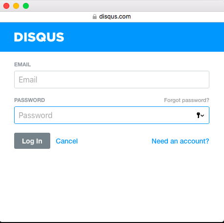 Screenshot of Disqus login. Two text entry fields, one for email, one for password.