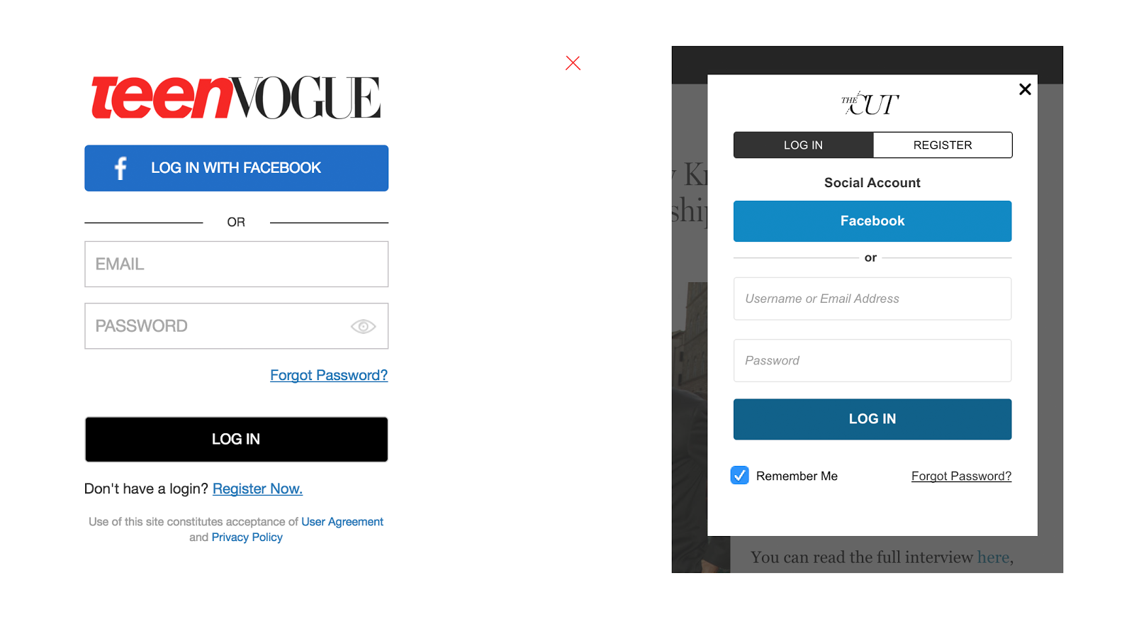 Teen Vogue and The Cut login screens with dual login options. Both have one Facebook button and one email password login option