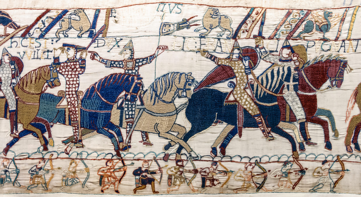 A selection from the Bayeux Tapestry featuring a charge by William the Conqueror