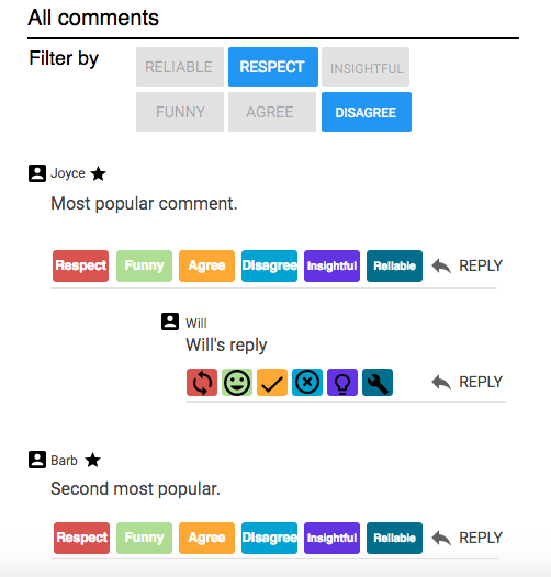 [IMAGE] A series of different colored boxes. The first series of boxes says "Filter by: Reliable; Respect; Insightful; Funny; Agree; Disagree." The second row shows a dummy comment with different colored boxes allowing users to vote on each of the afore-mentioned categories.