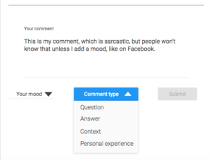 [IMAGE] A dropdown option for commenters containing 'Comment type: Question; Answer; Context; Personal experience'