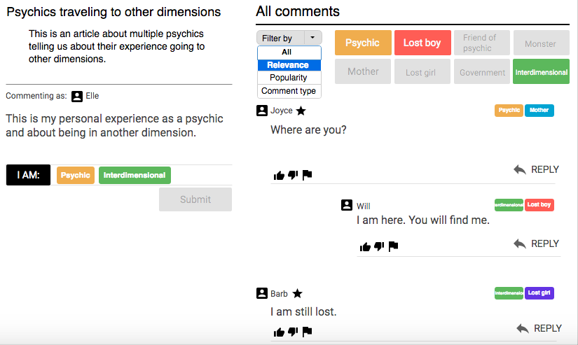 [IMAGE] An outline of a comment feed, with filtering buttons for the comments feed that are similar to github tags, reading 'Psychic', 'Lost boy', 'Friend of psychic', 'Monster', 'Mother', 'Lost girl', 'government', 'Interdimensional'. Each comment has one or more tags next to the username.