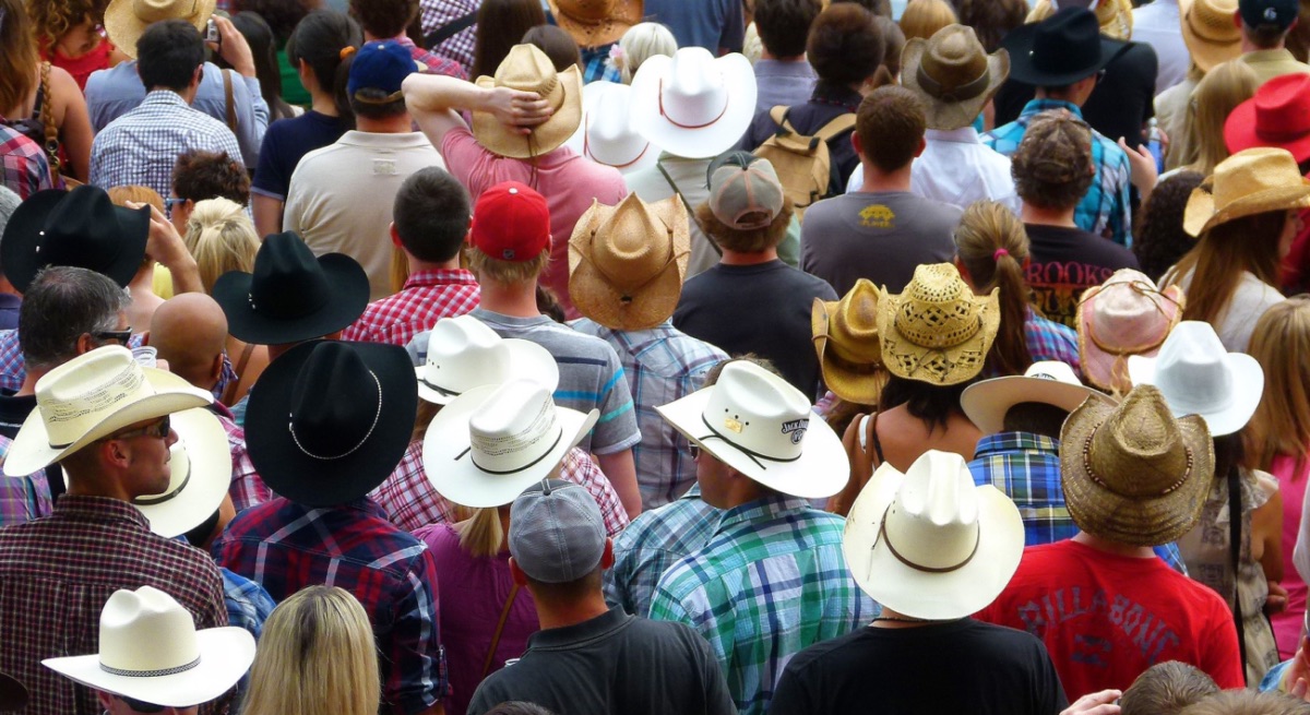 [IMAGE] A large crowd of people facing away from the camera. They are all wearing hats, mostly cowboy or straw hats. You cannot see anybody's faces.