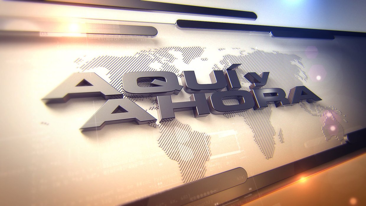 [IMAGE] A large TV graphic that says Aqui y Ahora in 3D letters. In the background of the graphic is a map of the world.
