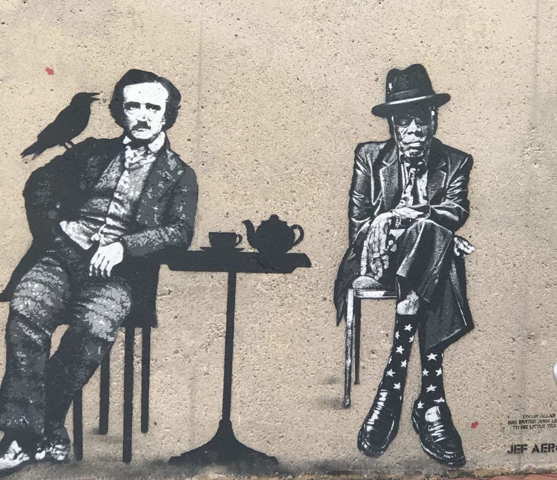 A New York City street mural of Edgar Allan Poe and John Lee Hooker by Jef Aerosol