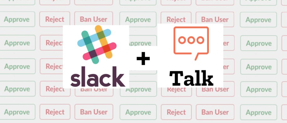 The Slack logo and the Talk logo with a plus sign between them, on a background of comment buttons