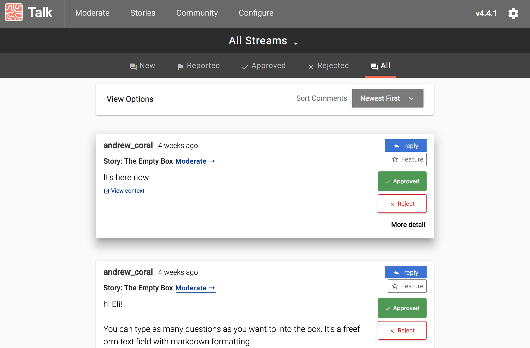 screenshot of Talk's moderation tools