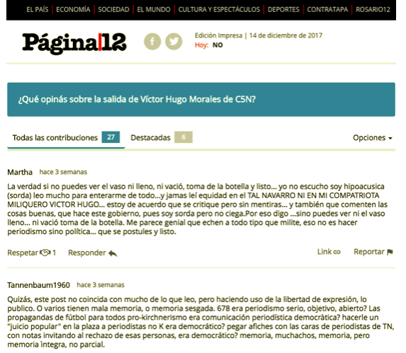 A screenshot of the Pagina12 comments page