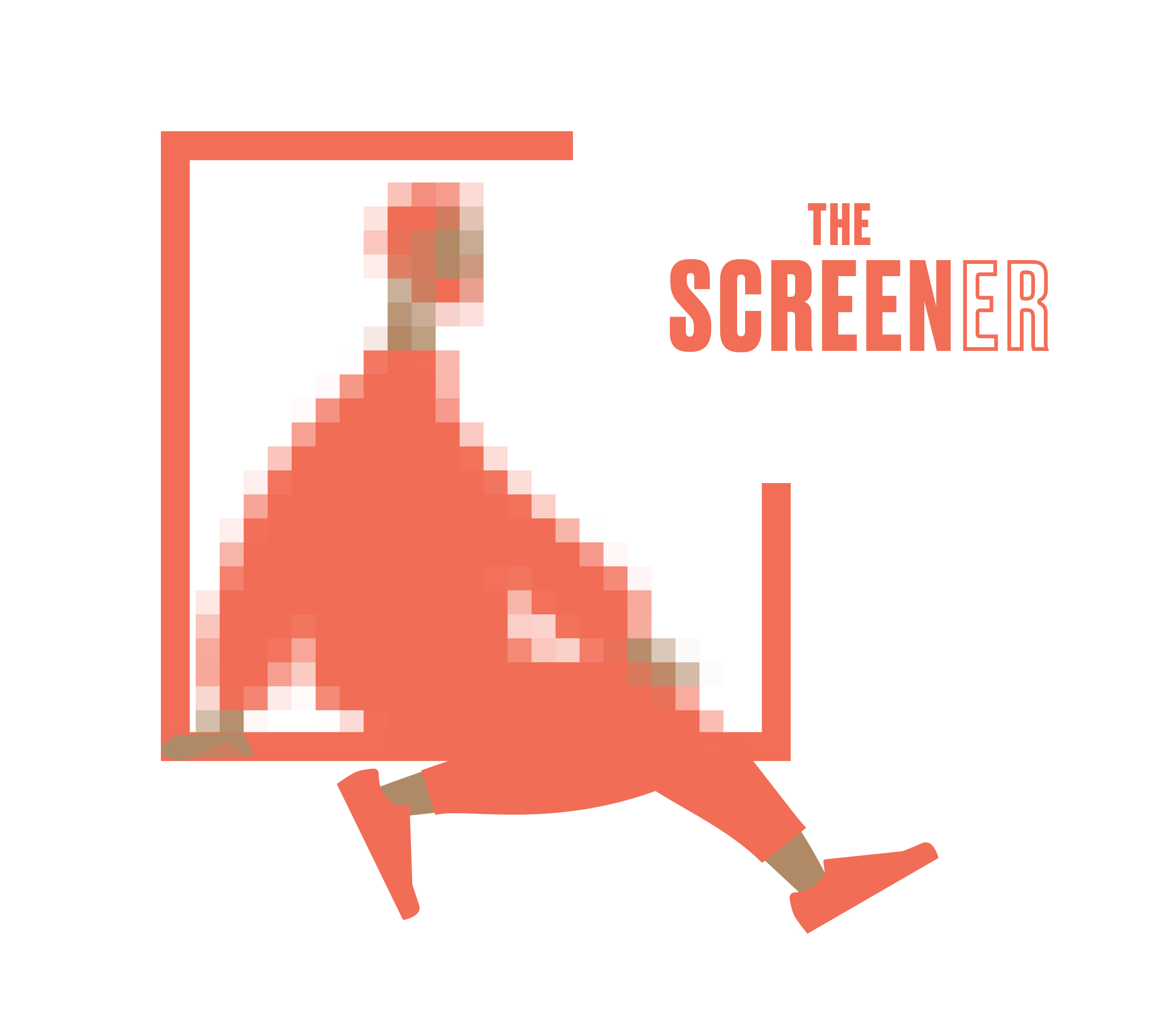 An illustration of someone sat behind a window. The features are pixellated. A caption reads 'The Screener'