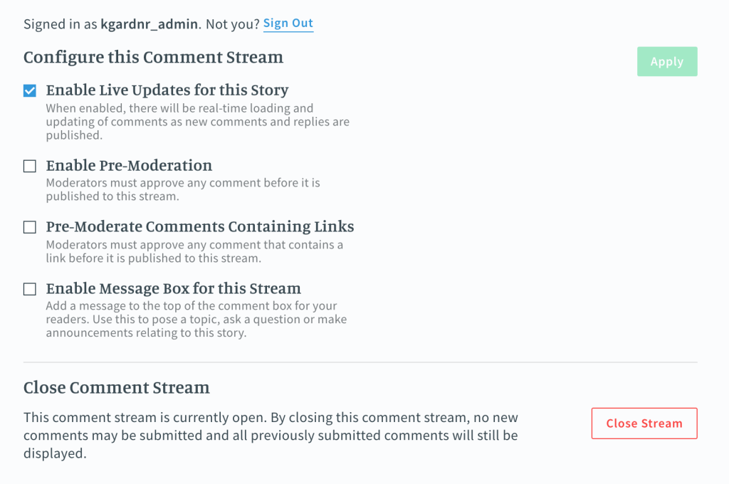 Screenshot of Configure this Comment Stream